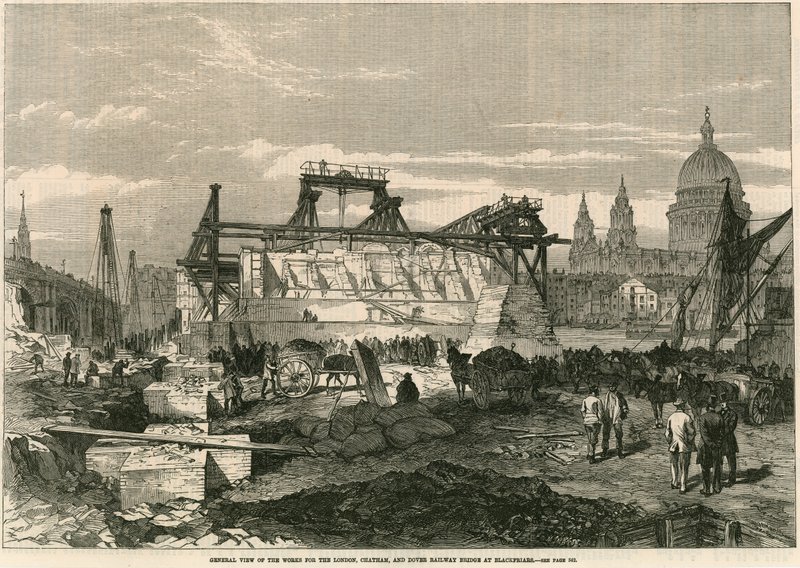 Vista geral das obras da Ponte Ferroviária de Londres, Chatham e Dover, em Blackfriars, Londres de English School