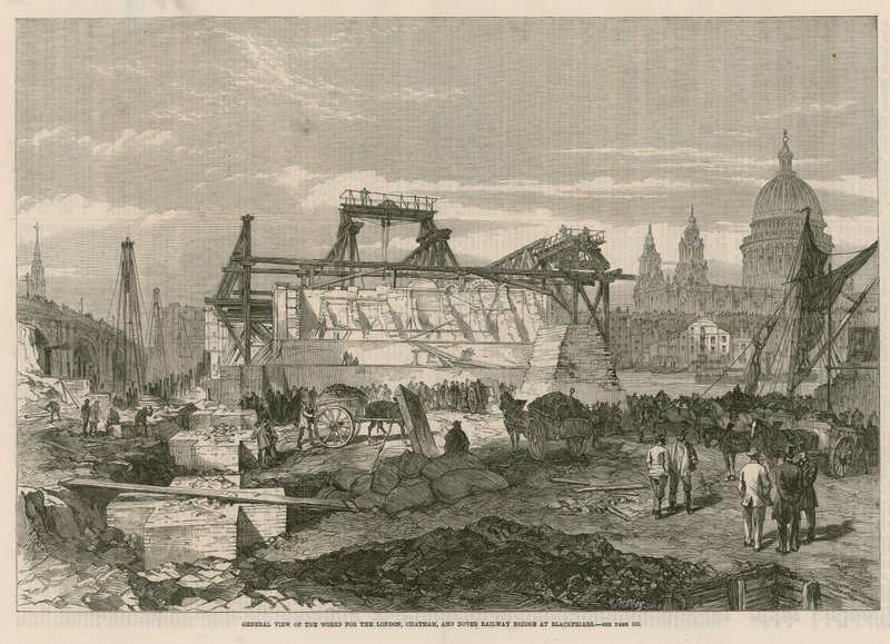 Vista geral das obras da ponte ferroviária de Londres, Chatham e Dover, em Blackfriars de English School