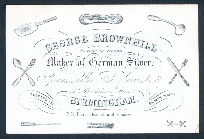 George Brownhill, fabricante de prata alemã, cartão comercial de English School