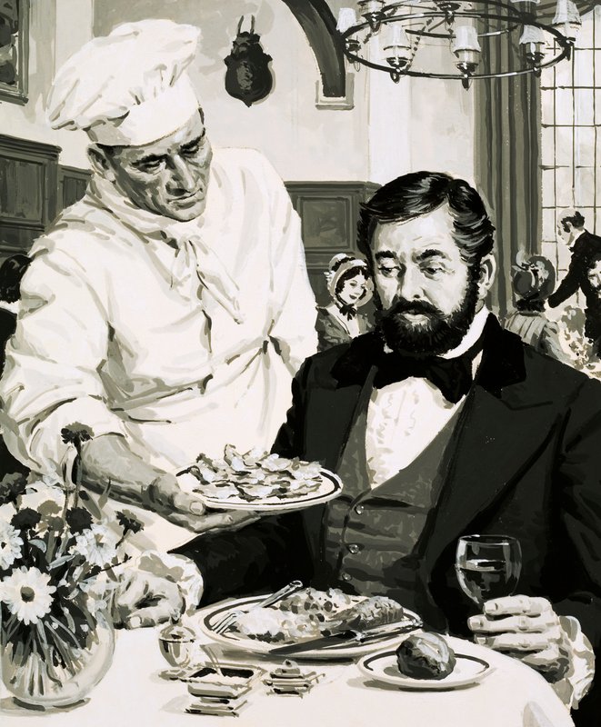 George Crum, inventor da batata crocante, apresenta sua criação de English School
