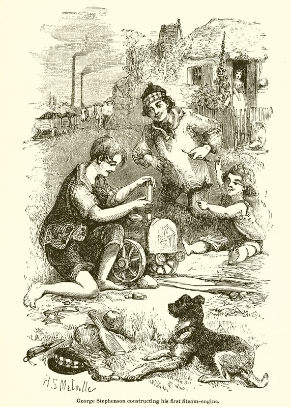 George Stephenson construindo seu primeiro motor a vapor de English School