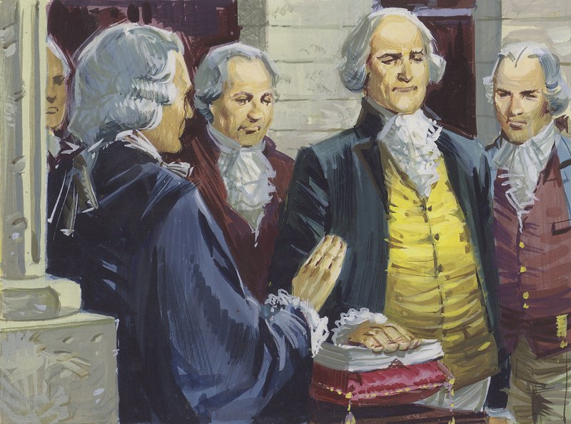 George Washington sendo empossado como o primeiro presidente da América em Nova York de English School