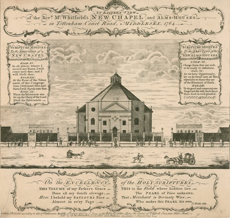 George Whitfields nova capela e casas de esmolas em Tottenham Court Road, Londres, 1764 de English School