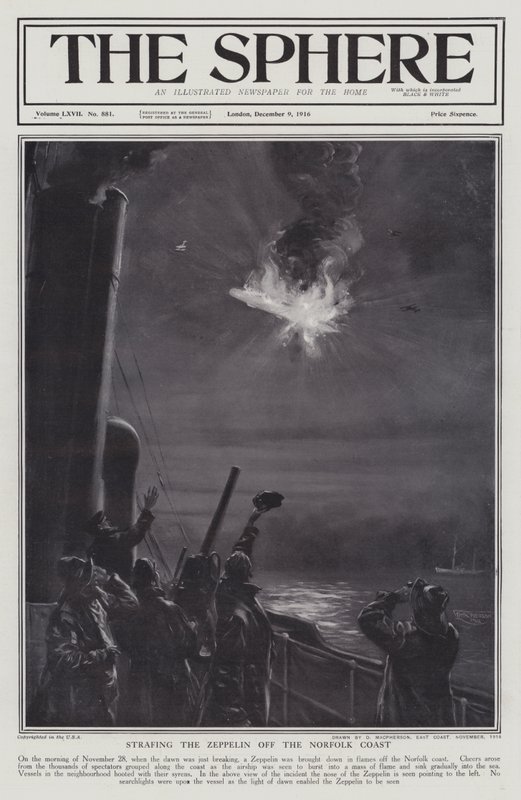 Aeronave alemã Zeppelin abatida em chamas ao largo da costa de Norfolk, Primeira Guerra Mundial, 28 de Novembro de 1916 (litho) de English School