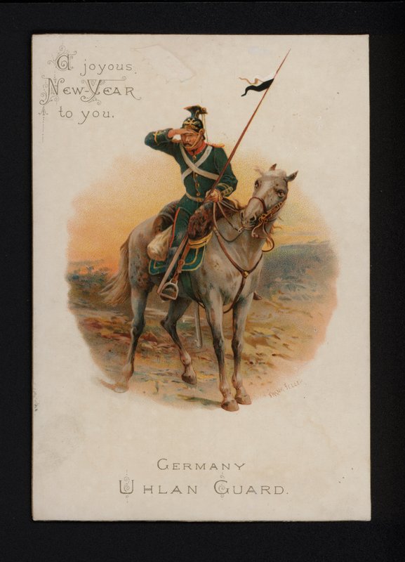 uhlan alemão, cartão de Ano Novo, final do século XIX ou início do século XX (chromolitho) de English School