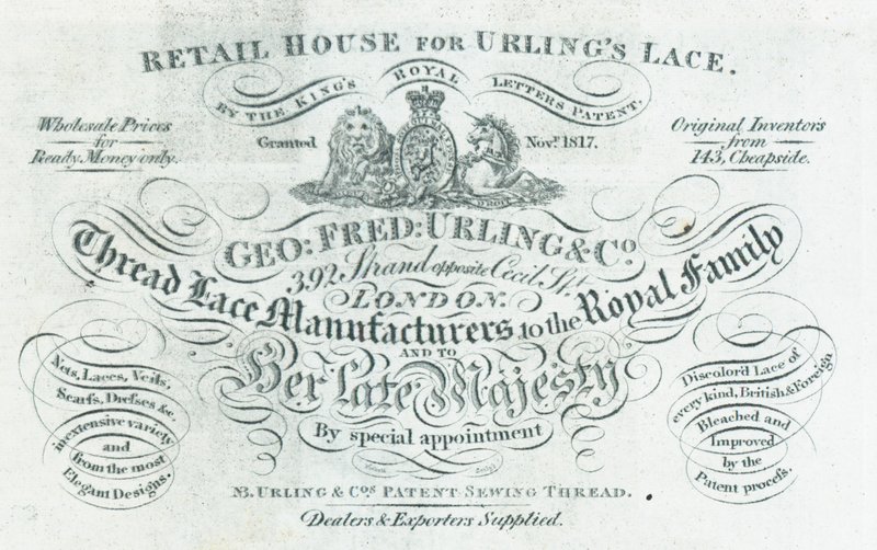 Geroge Fred Urling & Co, fabricante de rendas de fio, cartão comercial de English School