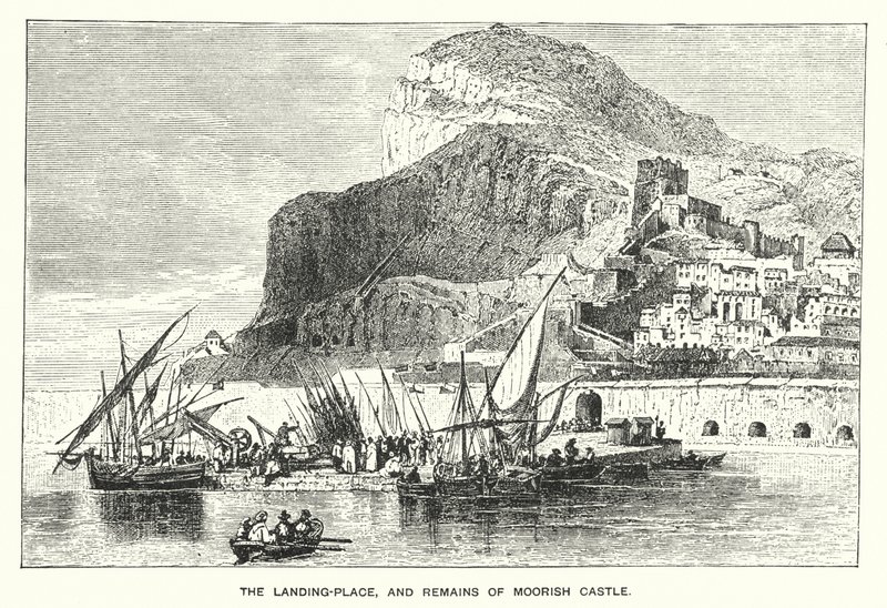 Gibraltar: O Lugar de Aterragem, e Restos do Castelo dos Mouros (gravura) de English School