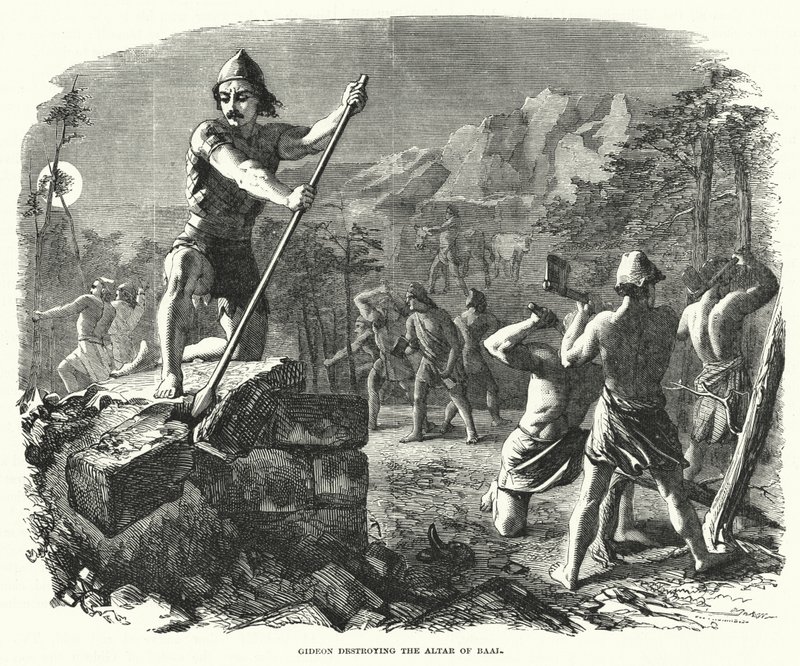 Gideão destruindo o Altar de Baal (gravura) de English School