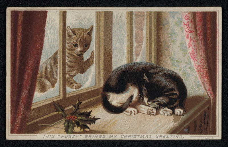 Gengibre olhando pela janela para outro gato adormecido, cartão de boas festas de Natal (chromolitho) de English School