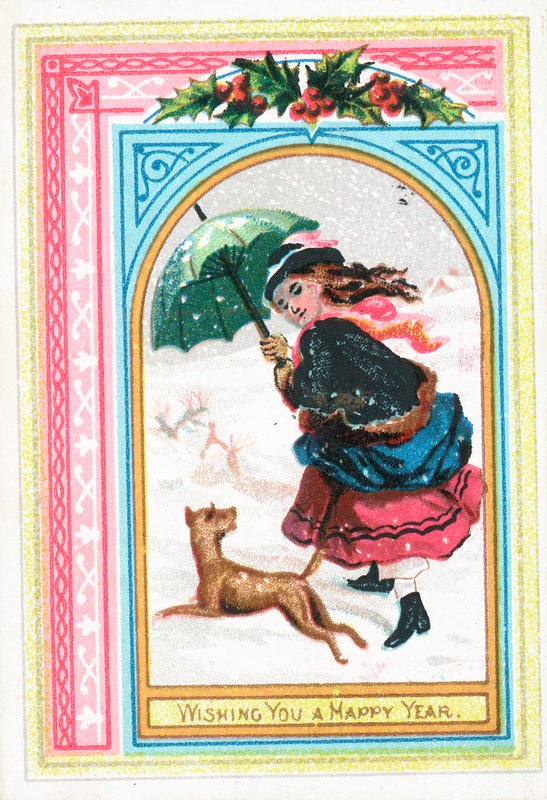 Menina e cachorro correndo na neve, cartão de ano novo de English School