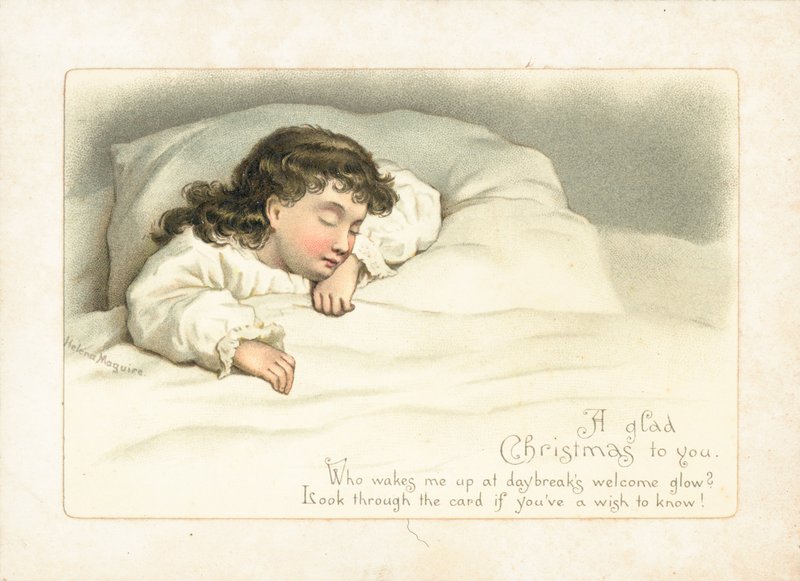 Menina dormindo na cama, cartão de Natal de English School