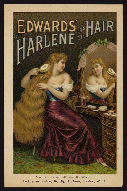 Rapariga escovando o seu cabelo louro comprido; Edwards Harlene para o cabelo (chromolitho) de English School