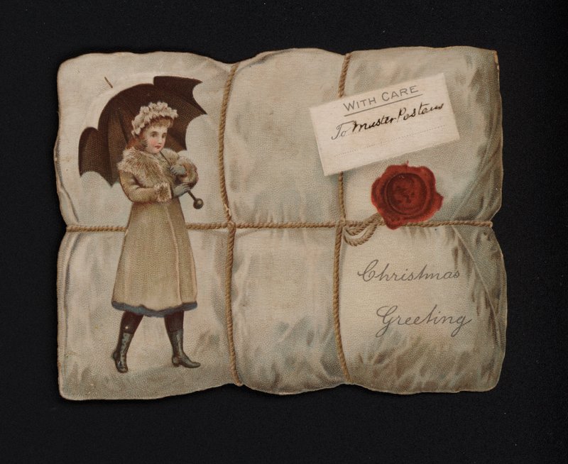 Rapariga carregando um guarda-chuva no embrulho de uma encomenda, cartão de felicitações de Natal, final do século XIX ou início do século XX (cromolitho) de English School