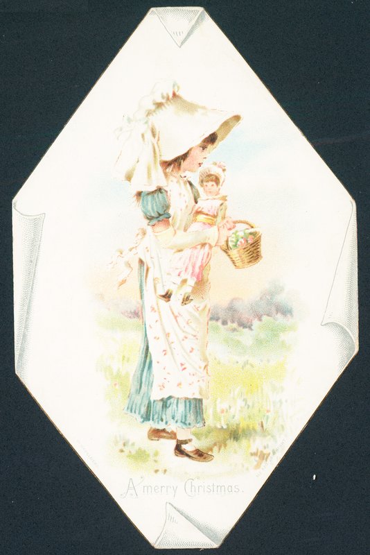 Menina carregando boneca e cesta, cartão de Natal de English School