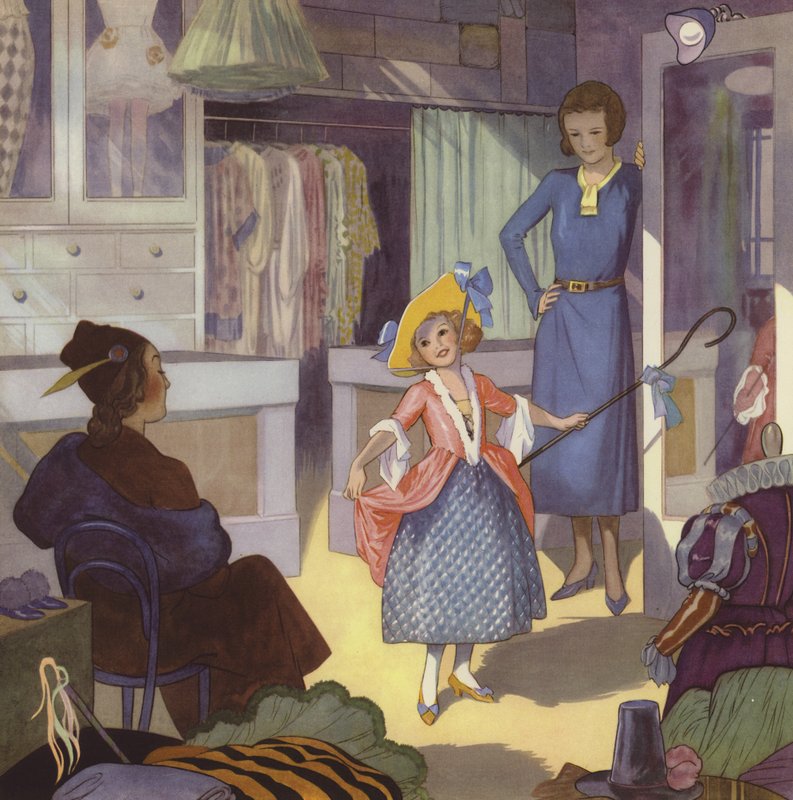 Rapariga a vestir-se de Little Bo Peep (litografia a cores) de English School