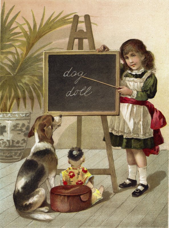 Menina, educando cachorro e boneca de English School