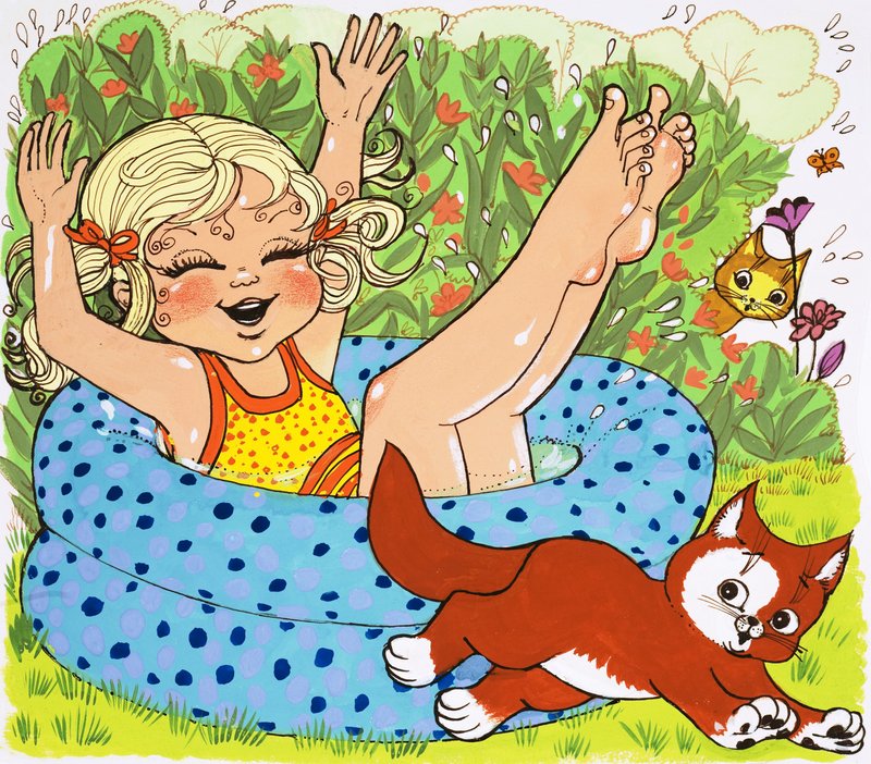 Menina, divertir-se, em, remando pool de English School