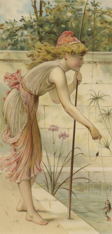 Pesca de menina (impressão de cor em seda) de English School