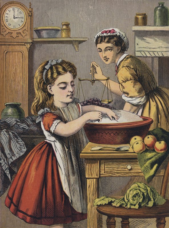 Rapariga a ajudar na cozinha (litografia a cores) de English School
