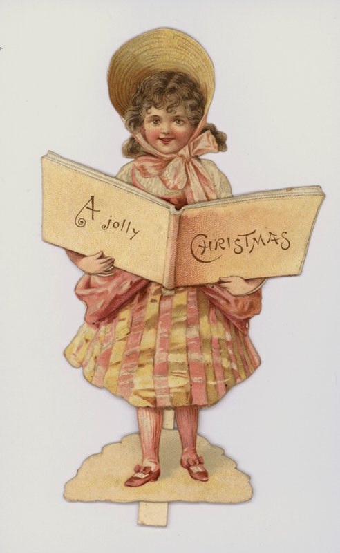 Rapariga segurando um livro: Postal de Natal (cromolitografia) de English School