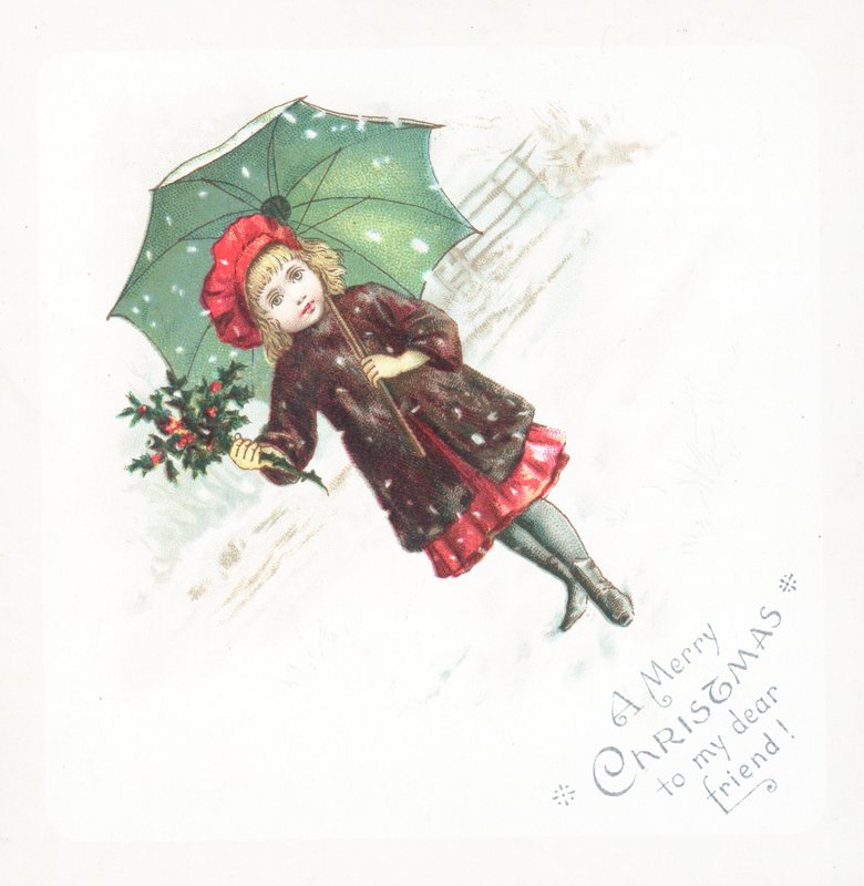 Menina, segurando, guarda-chuva, e, azevinho, em, a, neve, cartão natal de English School