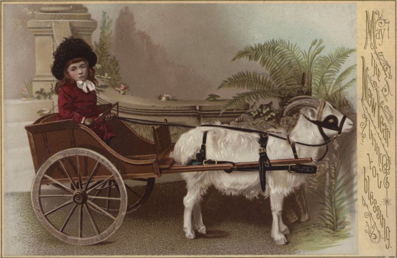 Rapariga num carrinho de cabras, cartão de Boas Festas de Ano Novo (chromolitho) de English School