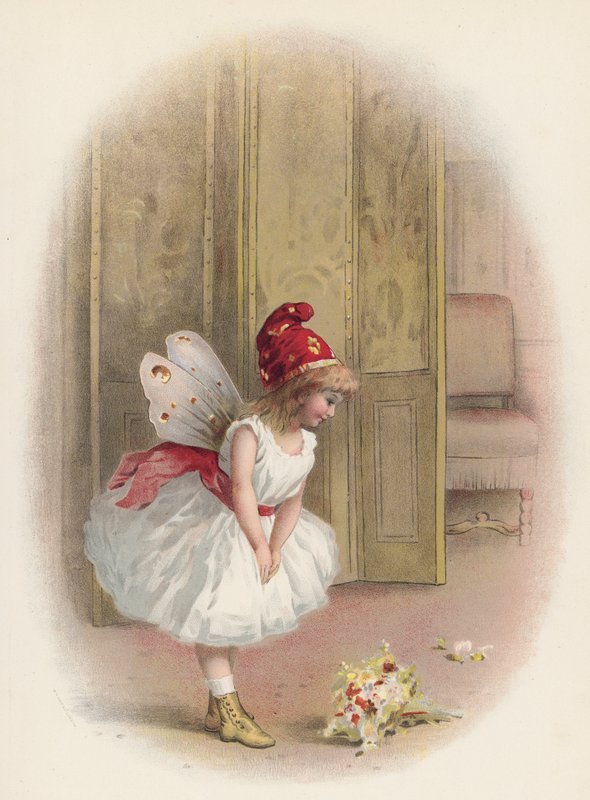 Rapariga ou fada a fazer uma vénia após a sua actuação (chromolitho) de English School