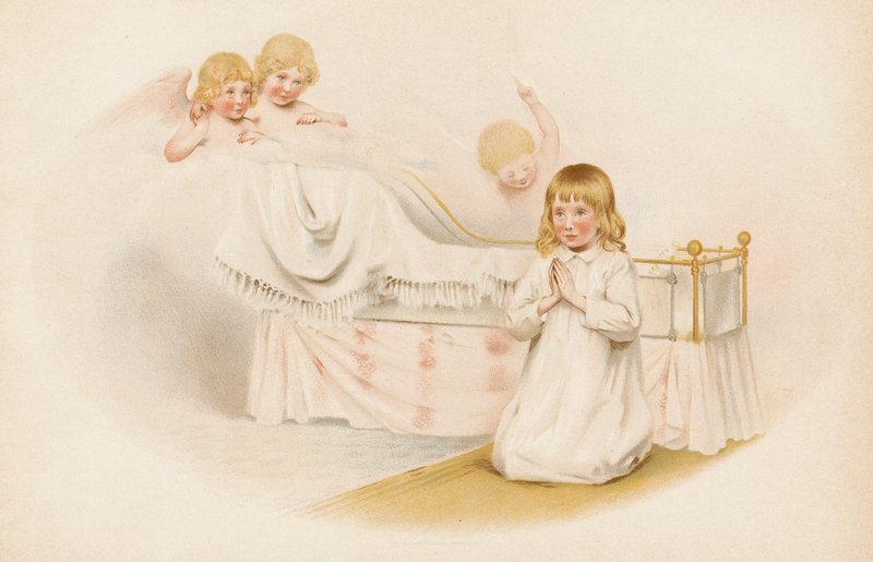 Garota rezando ao lado de sua cama (chromolitho) de English School