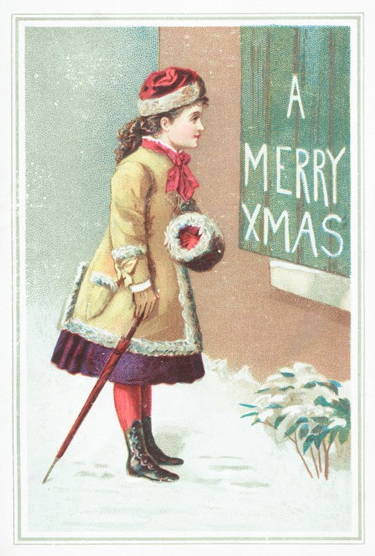 Menina, leitura, natal, sinal, natal, cartão de English School