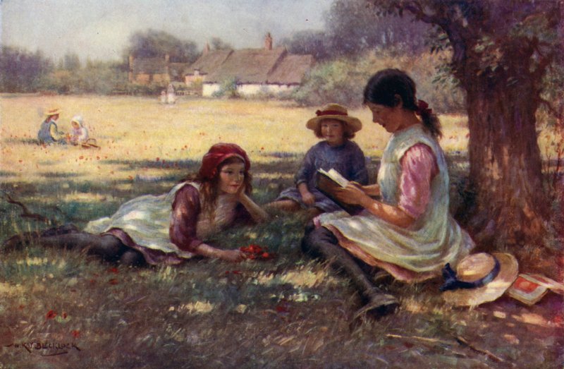 Rapariga a ler um conto de fadas a outras crianças (cor litho) de English School