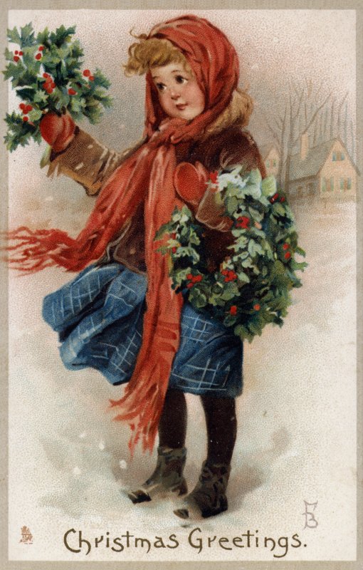 Menina vendendo azevinho e grinaldas de Natal (chromolitho) de English School