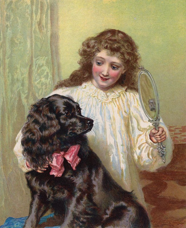 Rapariga mostrando ao seu cão de estimação o seu reflexo num espelho (chromolitho) de English School
