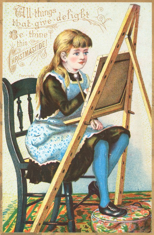 Menina, sentando, em, cavalete, quadro, cartão natal de English School