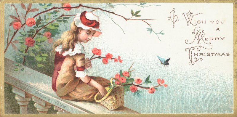 Menina sentada na ponte, cartão de Natal. de English School