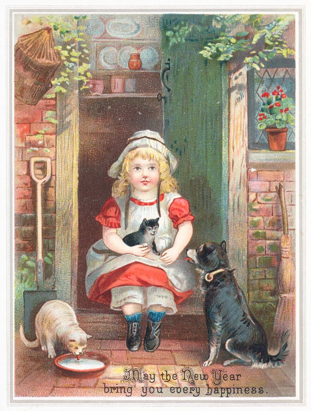 Menina, sentando, ligado, doorstep, com, animais estimação, ano novo, cartão de English School