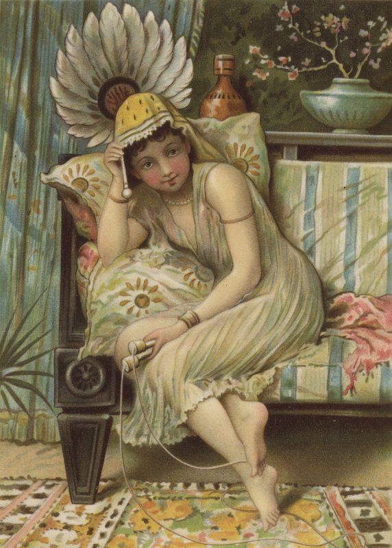 Menina sentada no sofá, depois de pular (impressão colorida em seda) de English School