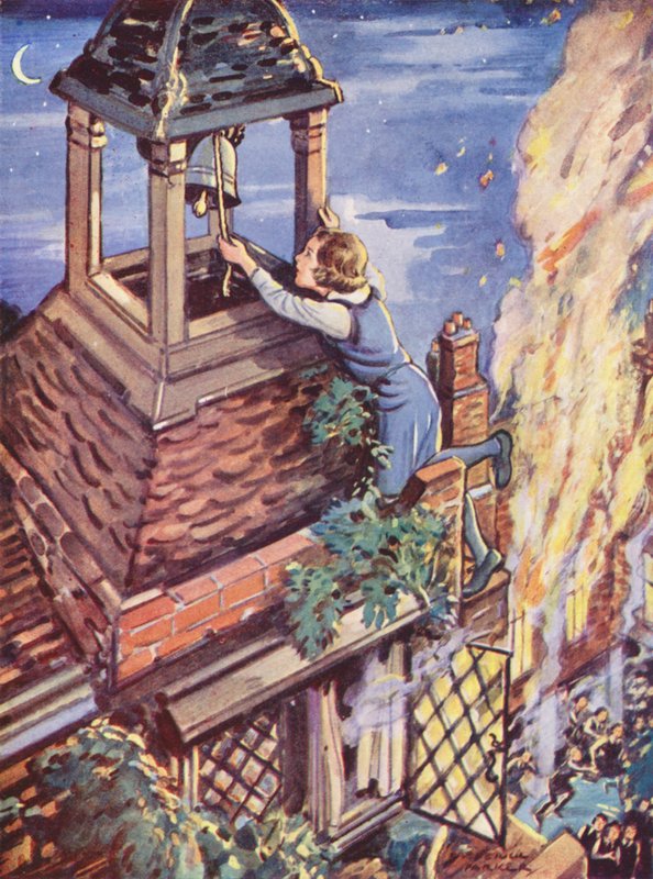 Menina a tocar a campainha de alarme para avisar de um incêndio (cor litho) de English School