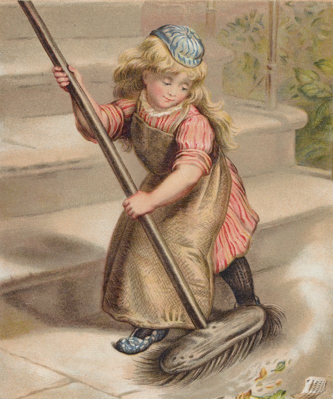Rapariga a varrer com uma vassoura (cromolitho) de English School
