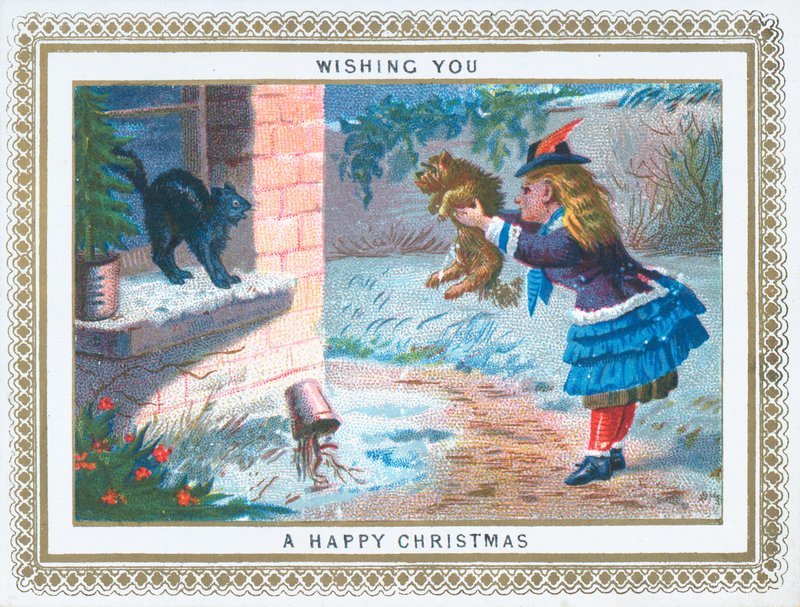Gato de provocação de menina com cachorro, cartão de Natal de English School