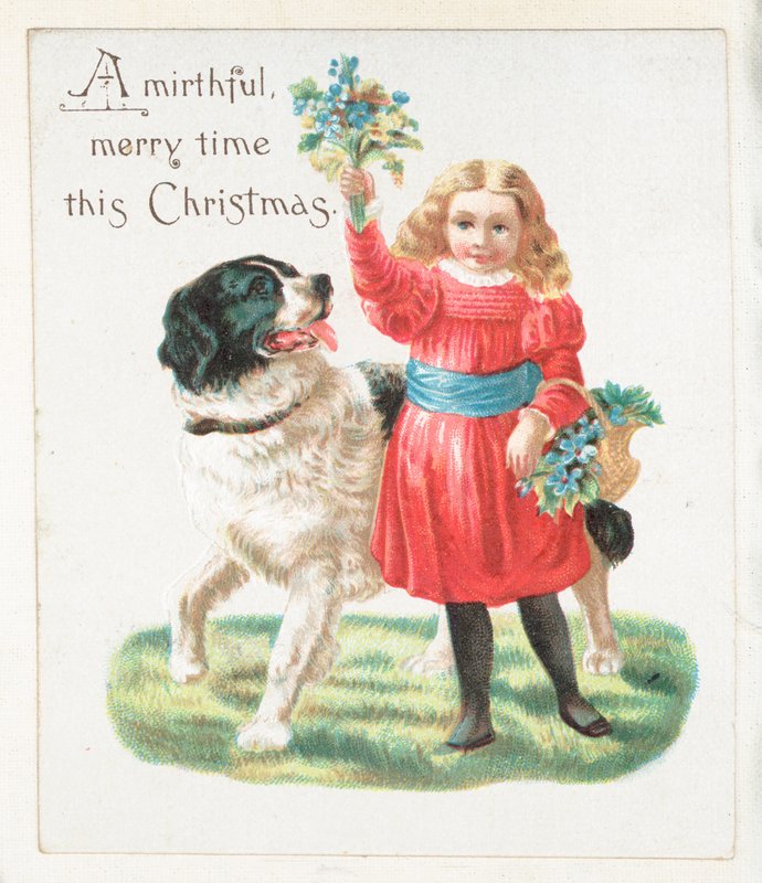 Menina brincando cão com flores, cartão de Natal de English School