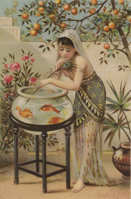 Menina brincando peixinho com penas de pavão (impressão a cores sobre seda) de English School