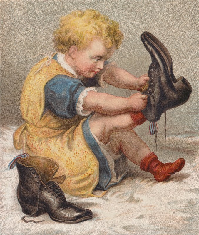 Rapariga a experimentar as botas da mãe (cromolitografia) de English School