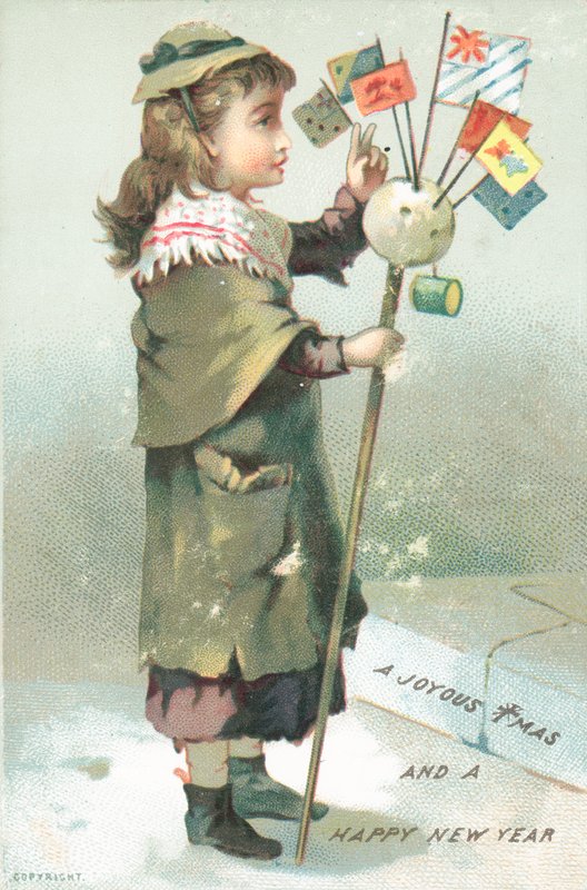 Menina acenando com bandeiras, cartão de Natal de English School