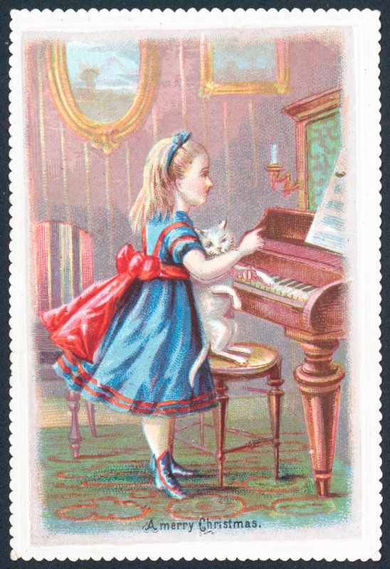 Menina, com, gato, ficar, em, piano, cartão natal de English School