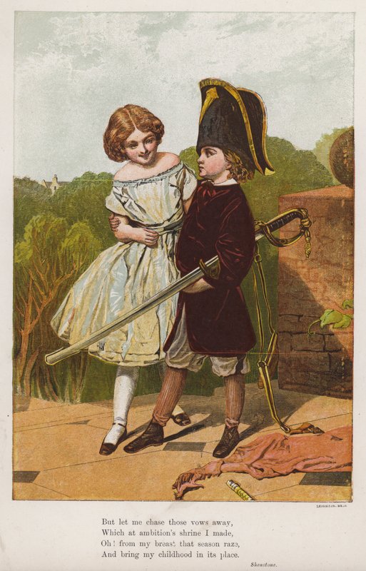 Menina com um rapaz vestido de soldado (gravura colorida) de English School