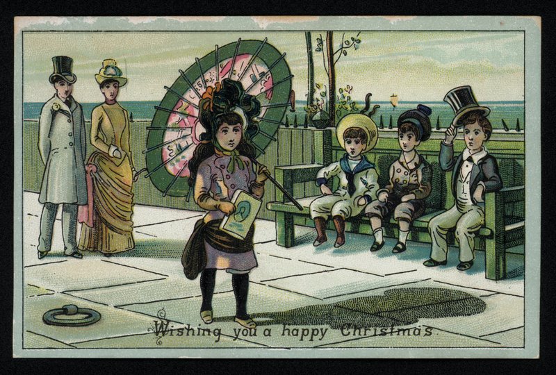 Rapariga com um guarda-sol grande a passear num passeio à beira-mar, cartão de Boas Festas de Natal. (chromolitho) de English School