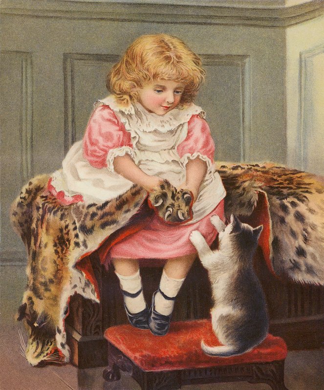 Rapariga com pele de leopardo e um gato doméstico (cromolito) de English School