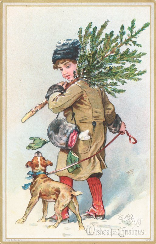 Menina, com, cão, carregar, árvore natal, cartão natal de English School