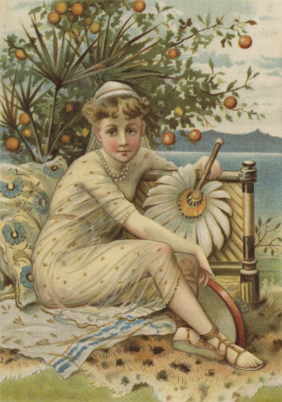 Menina, com, ventilador, sentando, sob, laranjeira, (colour, print on silk) de English School