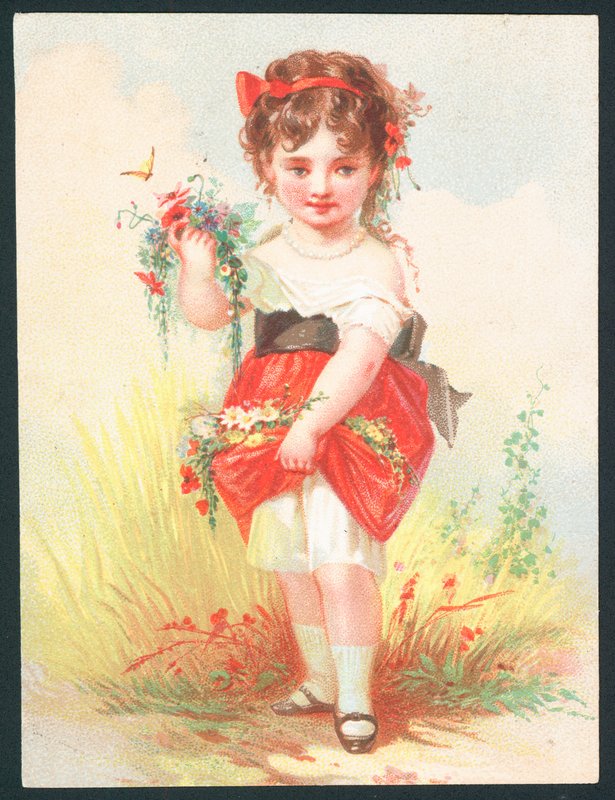 Menina com flores e borboleta - cartão de cumprimentos vitoriano de English School